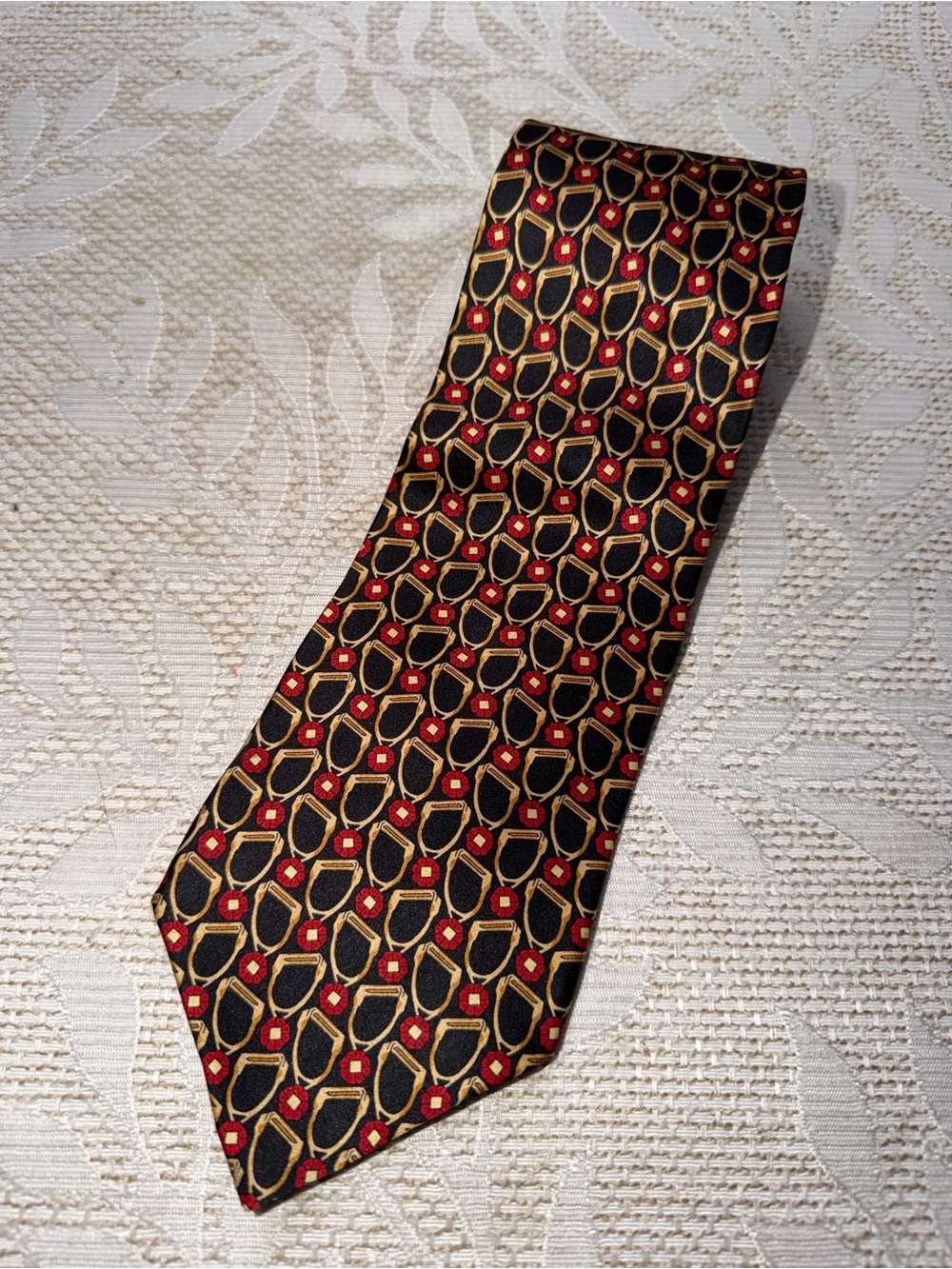 vintage Enzo Felini handmade silk necktie from Roma-Paris. Red Accents